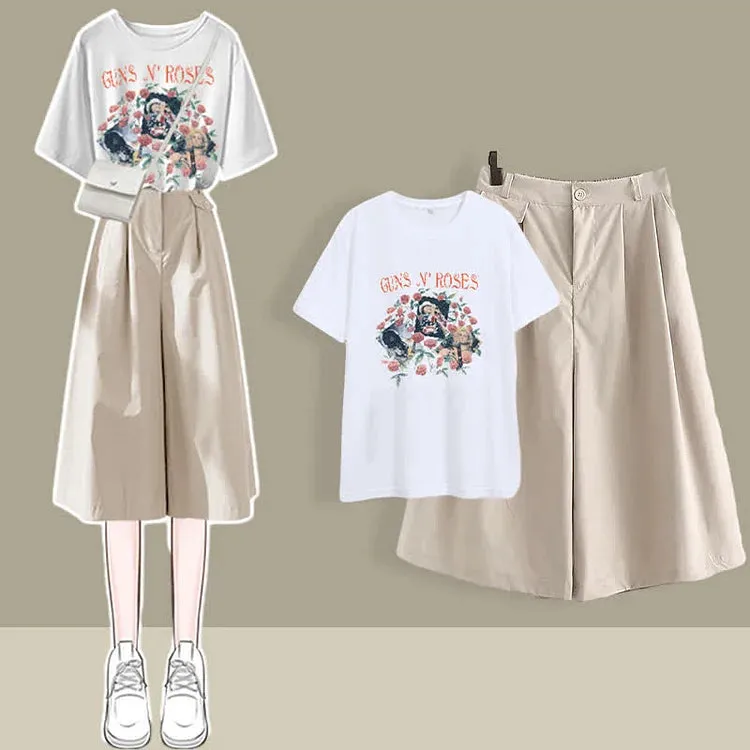 Chic Round Neck Print T-Shirt Casual Wide Leg Pants Two Piece Set