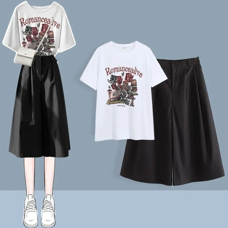 Chic Round Neck Print T-Shirt Casual Wide Leg Pants Two Piece Set
