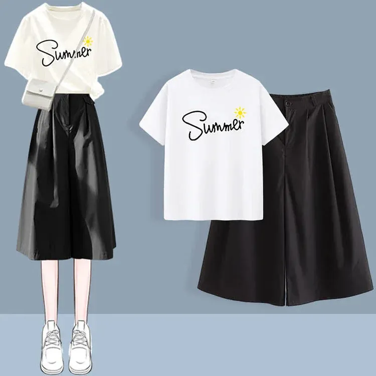 Chic Round Neck Print T-Shirt Casual Wide Leg Pants Two Piece Set