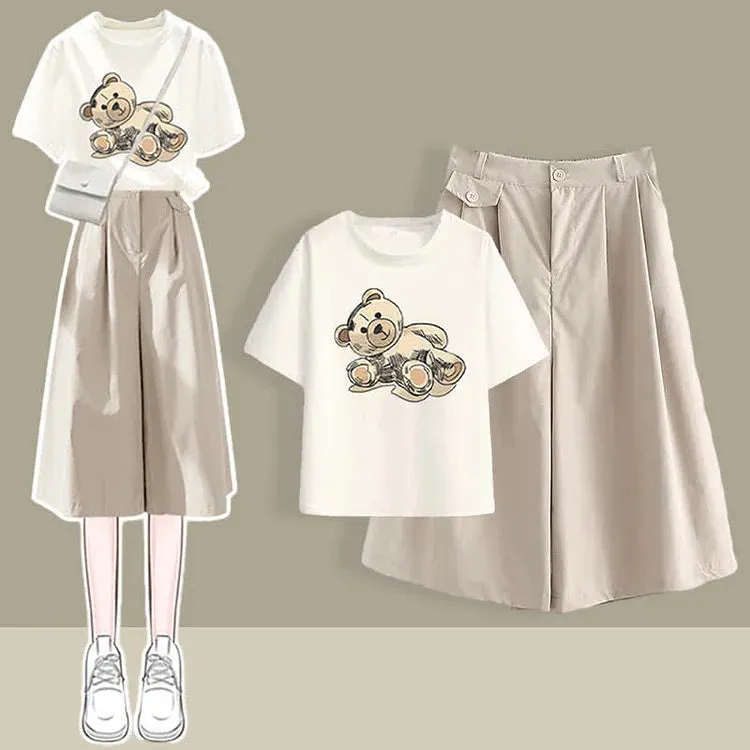 Chic Round Neck Print T-Shirt Casual Wide Leg Pants Two Piece Set