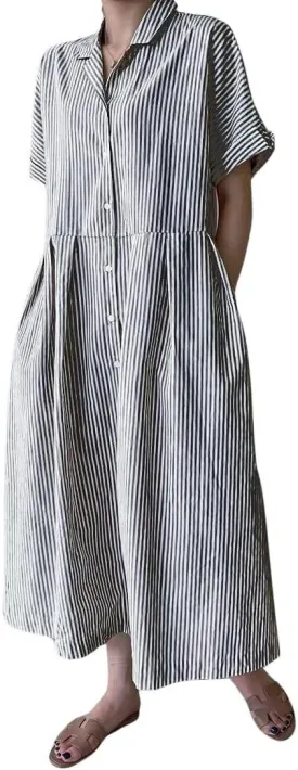 chouyatou Women's Cotton Striped Shirt Dress Button Up Short Sleeve Midi Long Shift Dress with Pockets