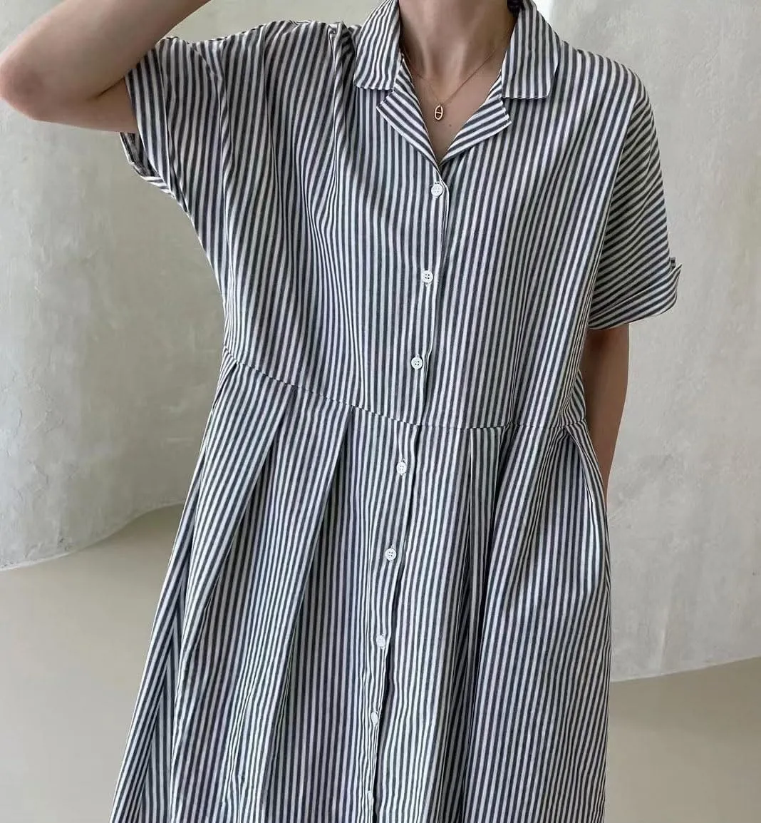 chouyatou Women's Cotton Striped Shirt Dress Button Up Short Sleeve Midi Long Shift Dress with Pockets