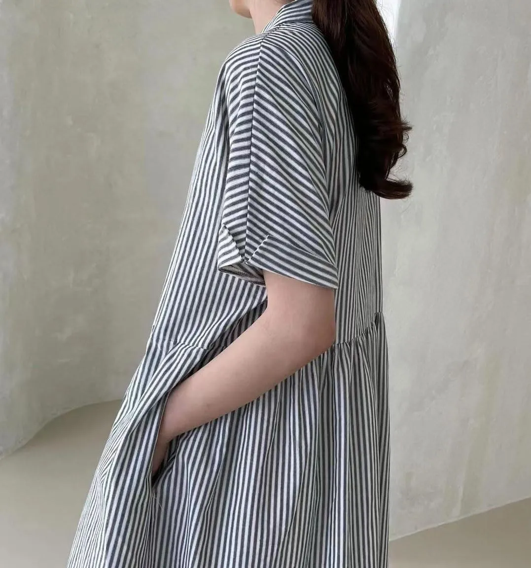 chouyatou Women's Cotton Striped Shirt Dress Button Up Short Sleeve Midi Long Shift Dress with Pockets