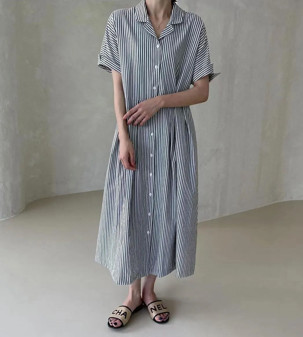 chouyatou Women's Cotton Striped Shirt Dress Button Up Short Sleeve Midi Long Shift Dress with Pockets