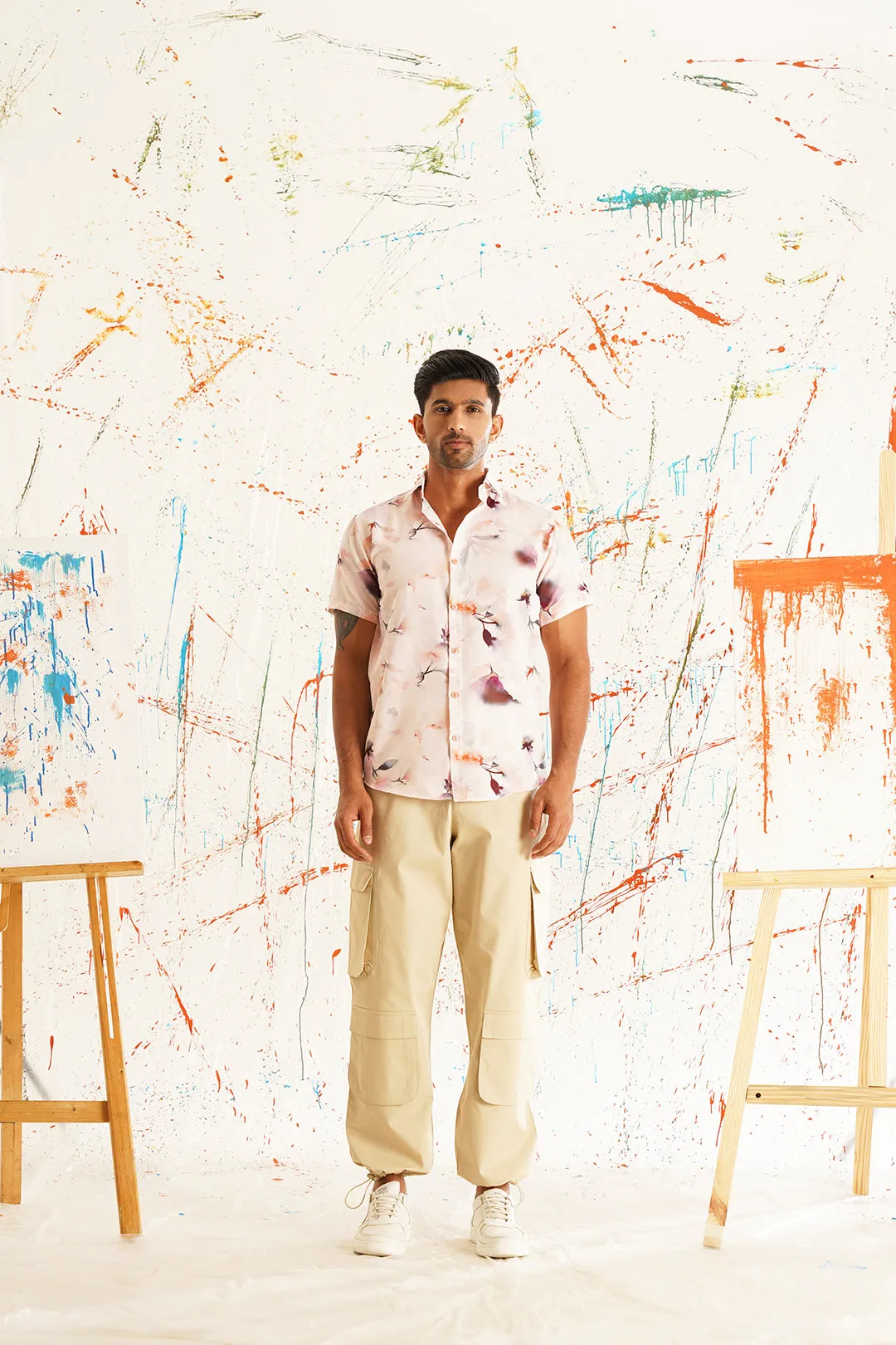 Classic Orange Printed Spread Collar Cotton Curved Casual Shirt