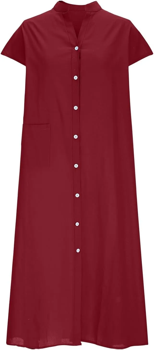 Cotton Linen Dresses for Women Casual Loose Button Down Shirt Dress Solid Color Cap Sleeve Midi Dress with Pocket