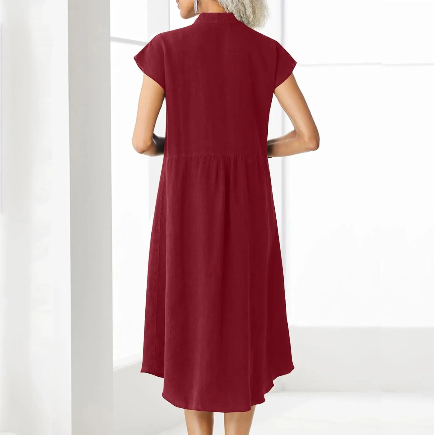 Cotton Linen Dresses for Women Casual Loose Button Down Shirt Dress Solid Color Cap Sleeve Midi Dress with Pocket