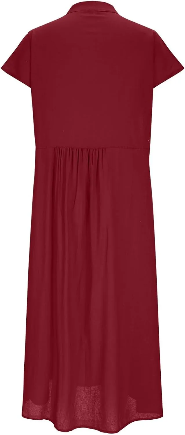 Cotton Linen Dresses for Women Casual Loose Button Down Shirt Dress Solid Color Cap Sleeve Midi Dress with Pocket