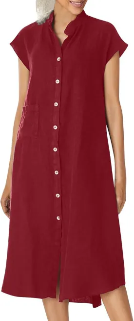 Cotton Linen Dresses for Women Casual Loose Button Down Shirt Dress Solid Color Cap Sleeve Midi Dress with Pocket