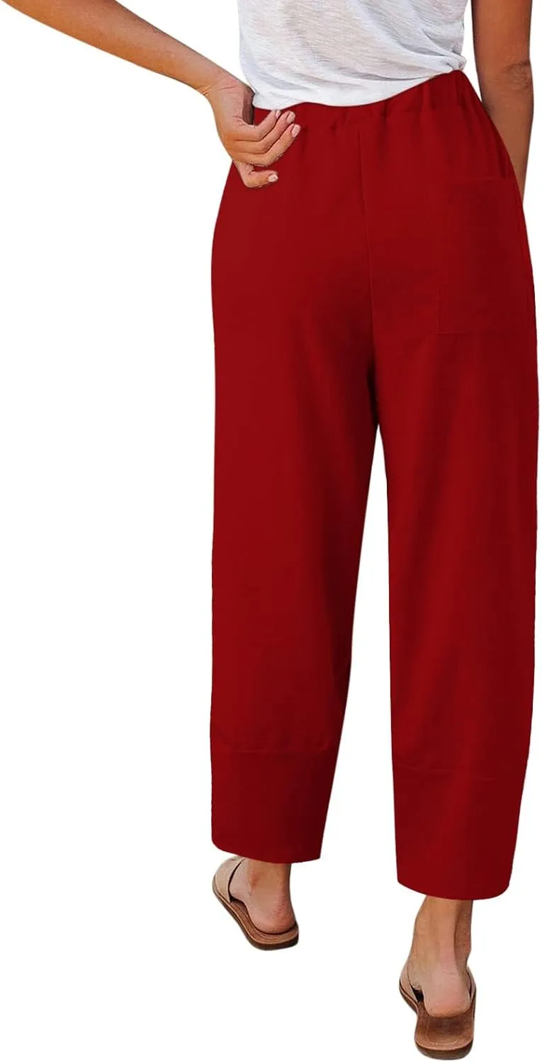 Cotton Linen Pants for Women Summer 2025 Casual Capri Pants with Pockets Cropped High Waisted Loose Fit Trousers