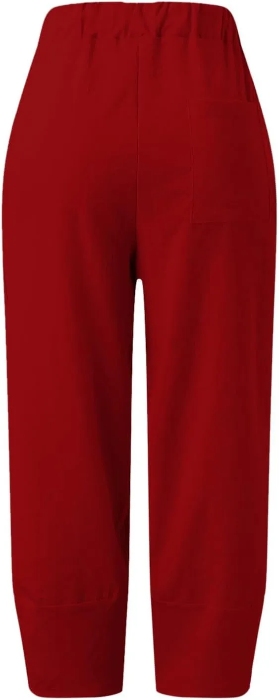 Cotton Linen Pants for Women Summer 2025 Casual Capri Pants with Pockets Cropped High Waisted Loose Fit Trousers