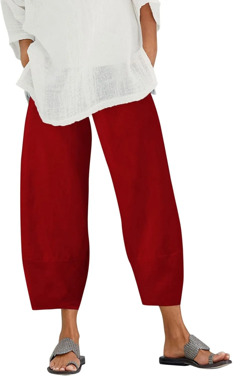 Cotton Linen Pants for Women Summer 2025 Casual Capri Pants with Pockets Cropped High Waisted Loose Fit Trousers