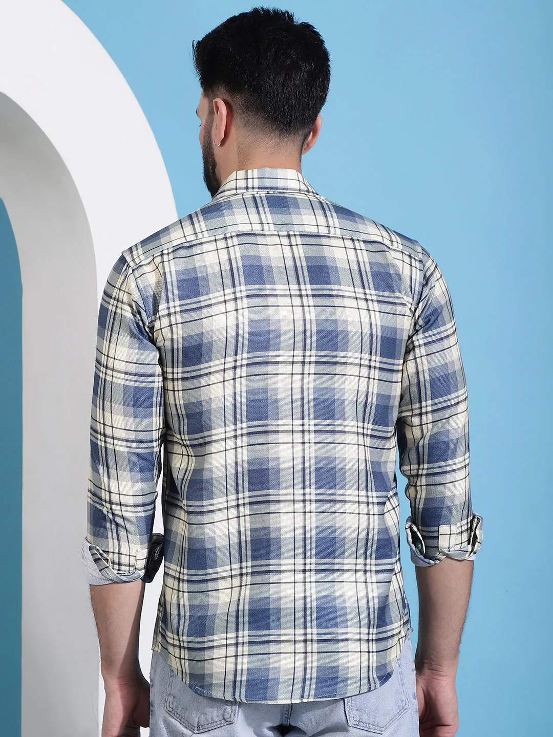 Cream Checked Cotton Casual Shirt For Men