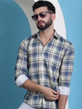 Cream Checked Cotton Casual Shirt For Men