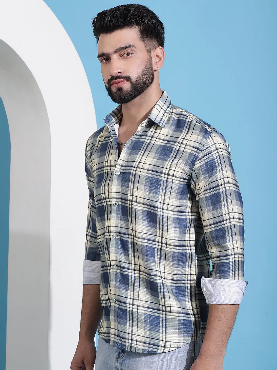 Cream Checked Cotton Casual Shirt For Men