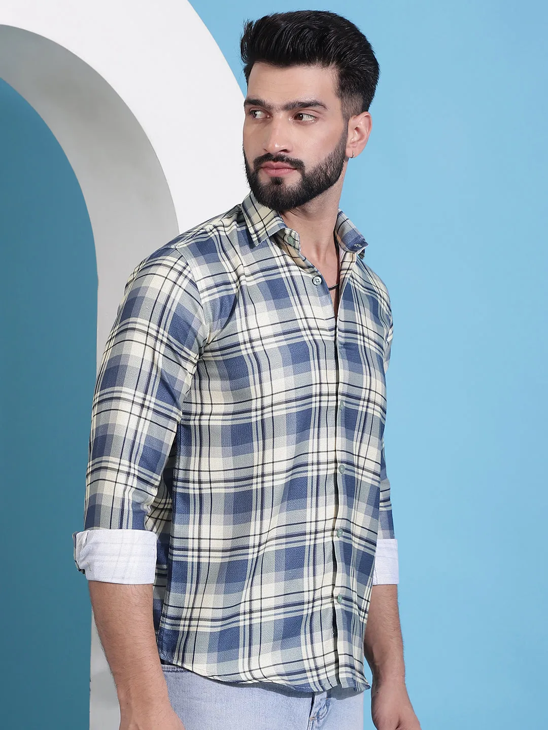 Cream Checked Cotton Casual Shirt For Men