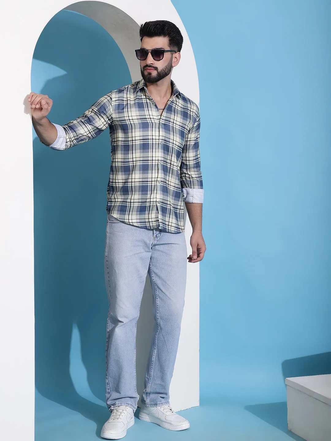 Cream Checked Cotton Casual Shirt For Men