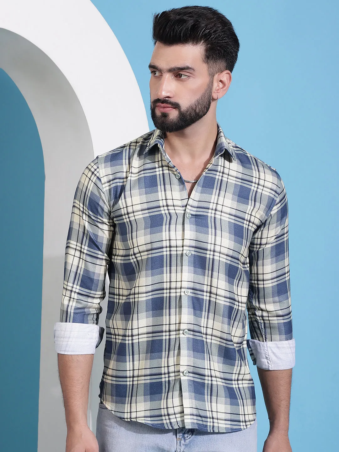 Cream Checked Cotton Casual Shirt For Men