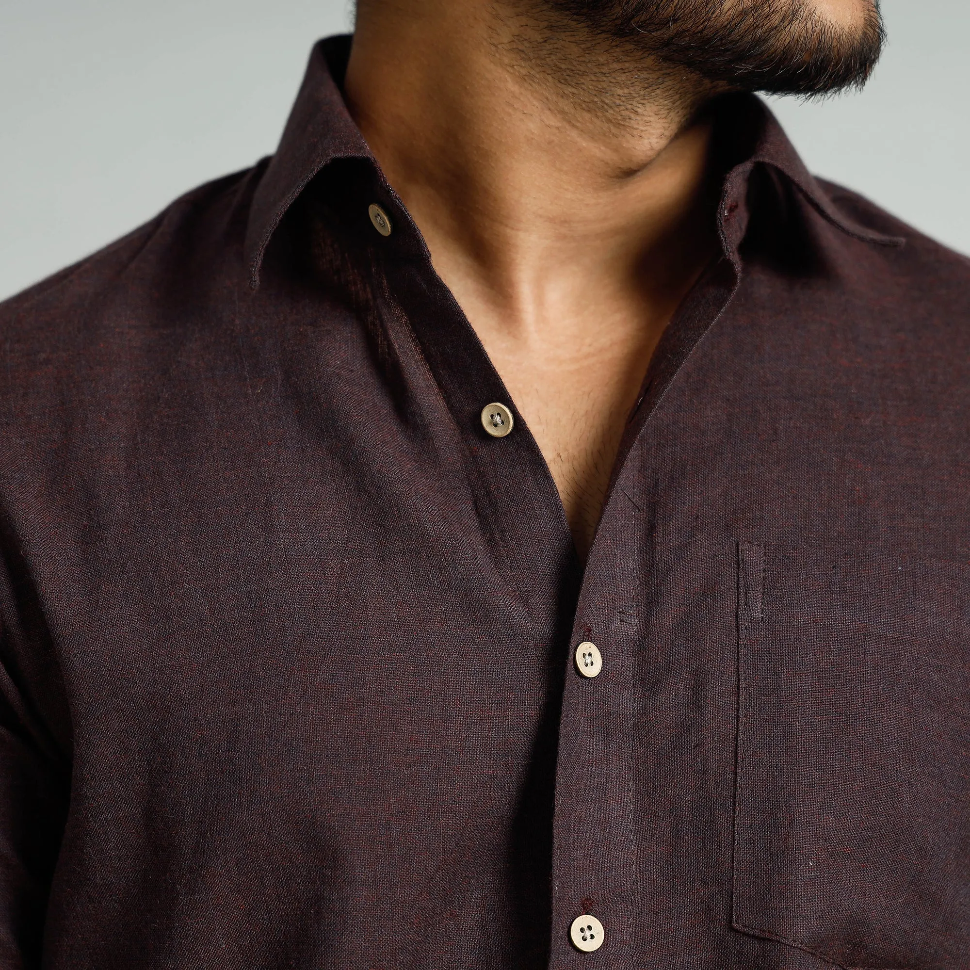 Dark Brown - Plain Handloom Cotton Men Half Sleeve Shirt