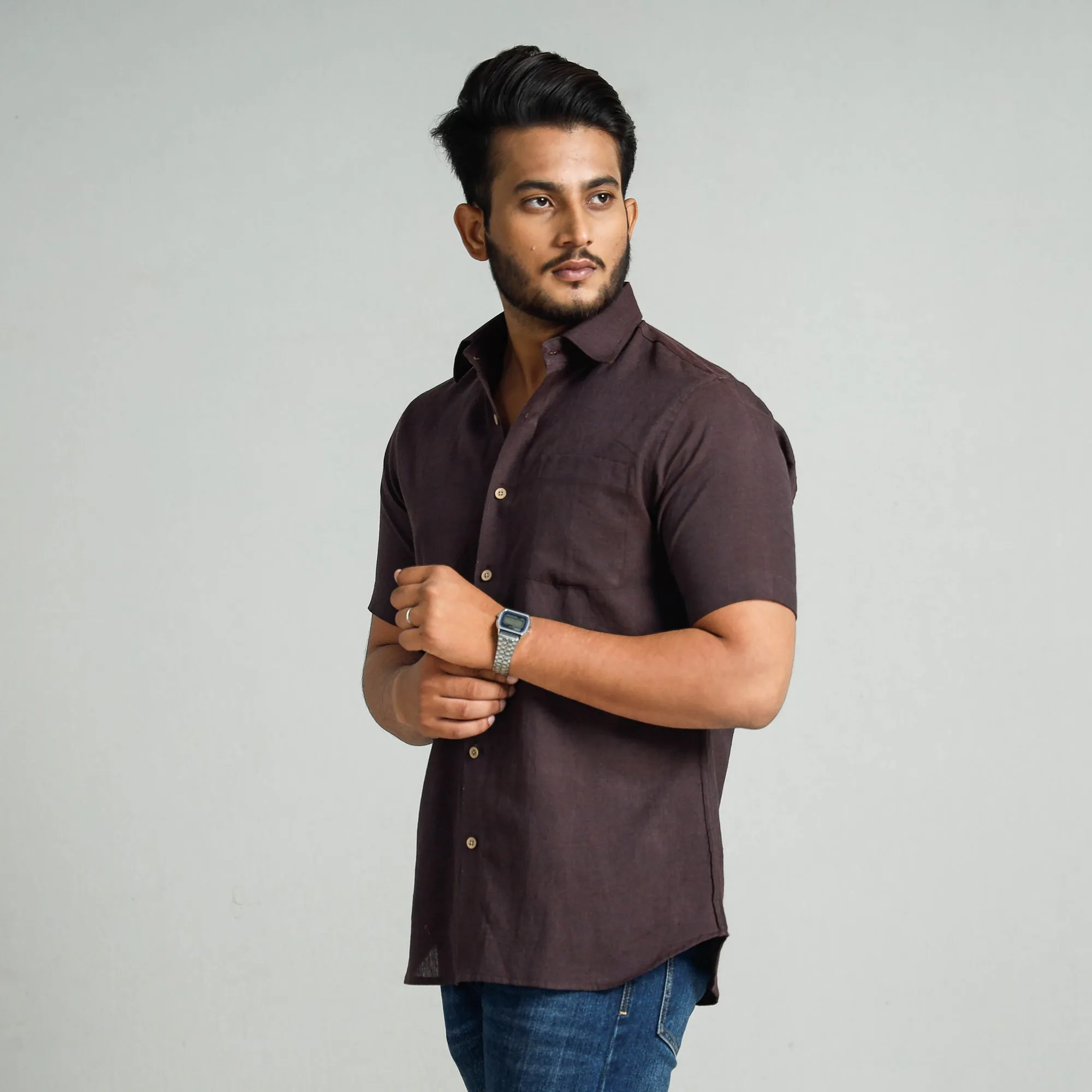 Dark Brown - Plain Handloom Cotton Men Half Sleeve Shirt