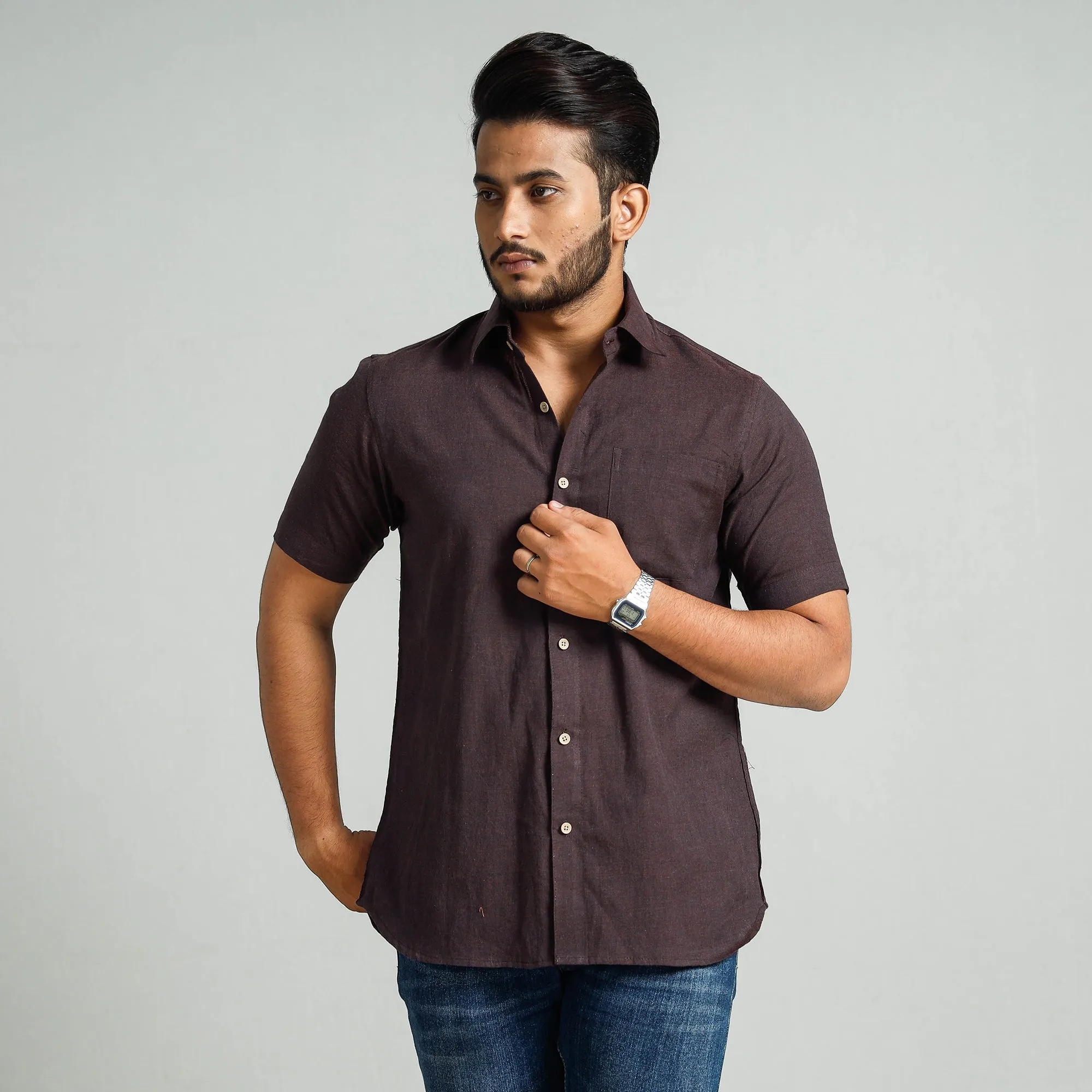 Dark Brown - Plain Handloom Cotton Men Half Sleeve Shirt