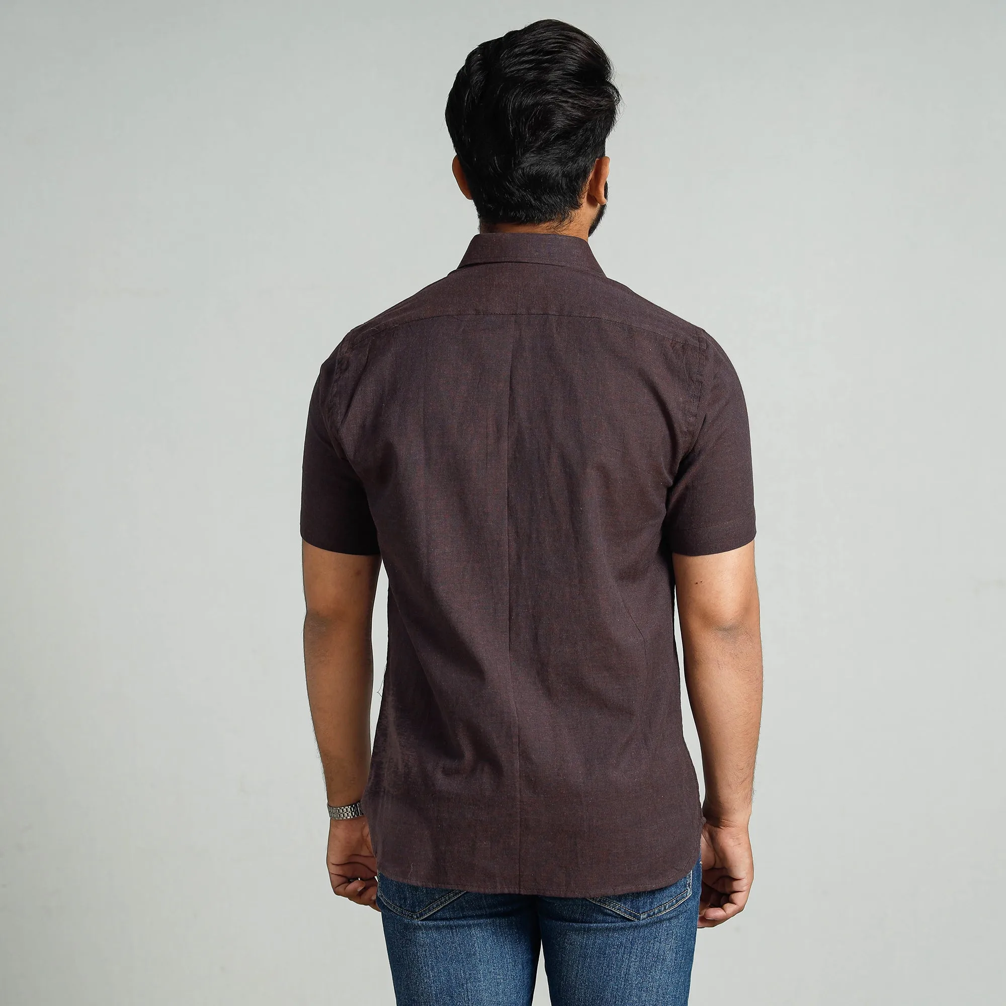 Dark Brown - Plain Handloom Cotton Men Half Sleeve Shirt