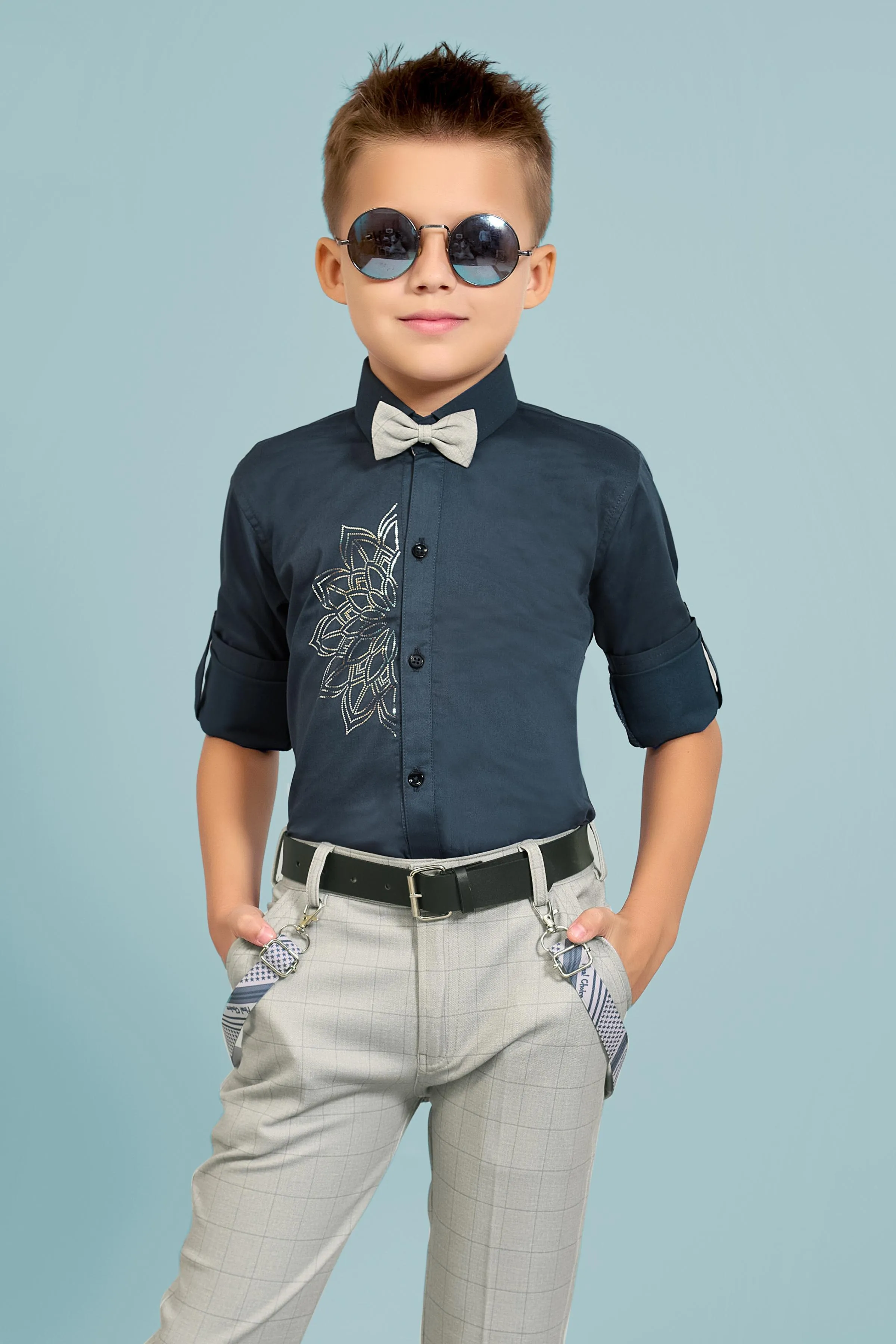 Dark Grey Suspender Style Pant Shirt Set for Boys with Bow and Belt