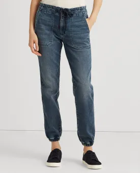 Denim Drawstring Ankle Pant In Blue