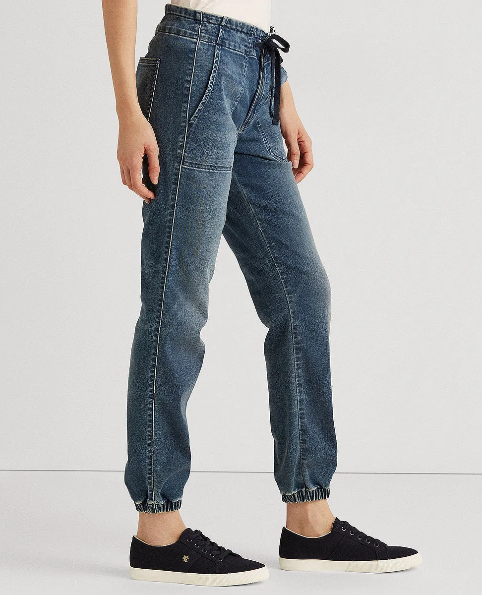 Denim Drawstring Ankle Pant In Blue