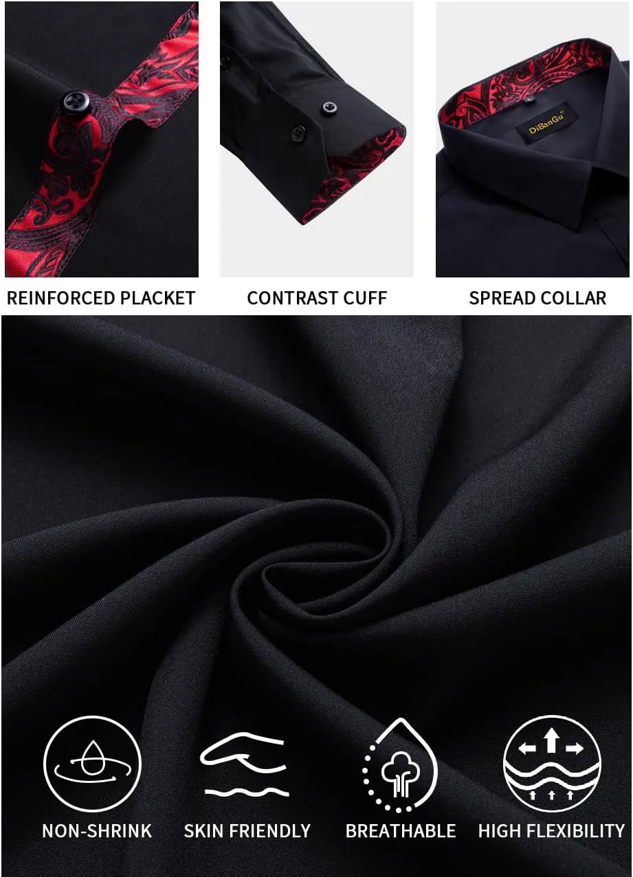 DiBanGu Mens Stretch Dress Shirt Long Sleeve Button Down Shirt Cotton Business Casual Shirts with Inner Contrast Wedding Prom