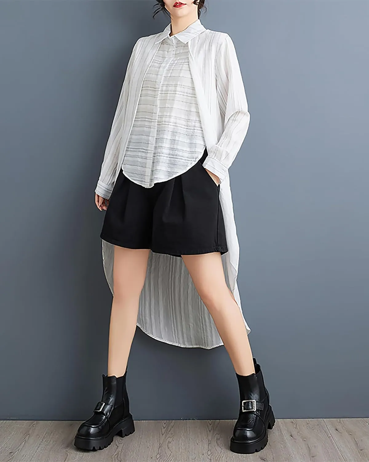 ellazhu Women's Shirt Lapel Flowy Asymmetrical Tops Strip Button Down Long Sleeve Casual GZ348