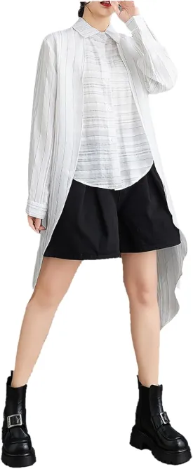 ellazhu Women's Shirt Lapel Flowy Asymmetrical Tops Strip Button Down Long Sleeve Casual GZ348