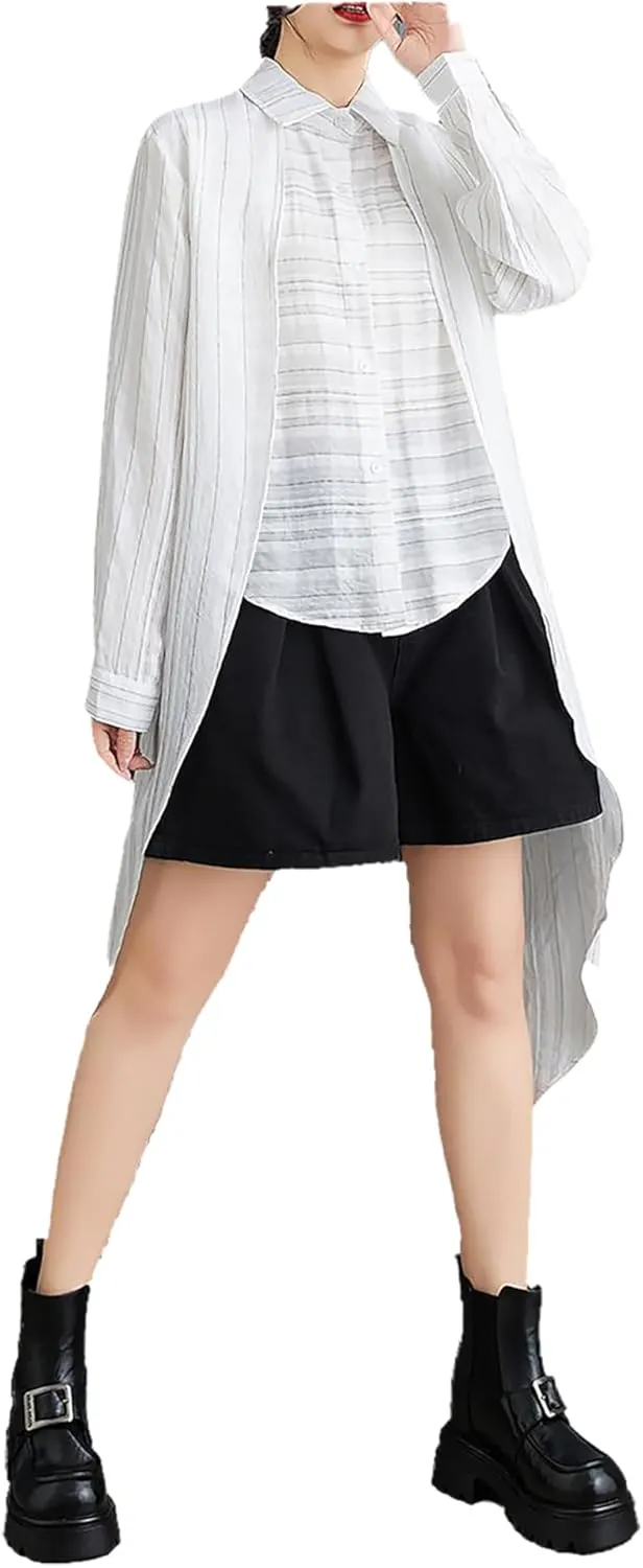 ellazhu Women's Shirt Lapel Flowy Asymmetrical Tops Strip Button Down Long Sleeve Casual GZ348