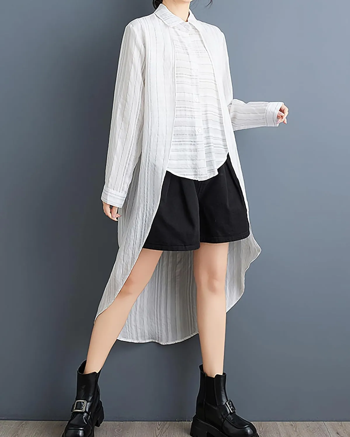 ellazhu Women's Shirt Lapel Flowy Asymmetrical Tops Strip Button Down Long Sleeve Casual GZ348