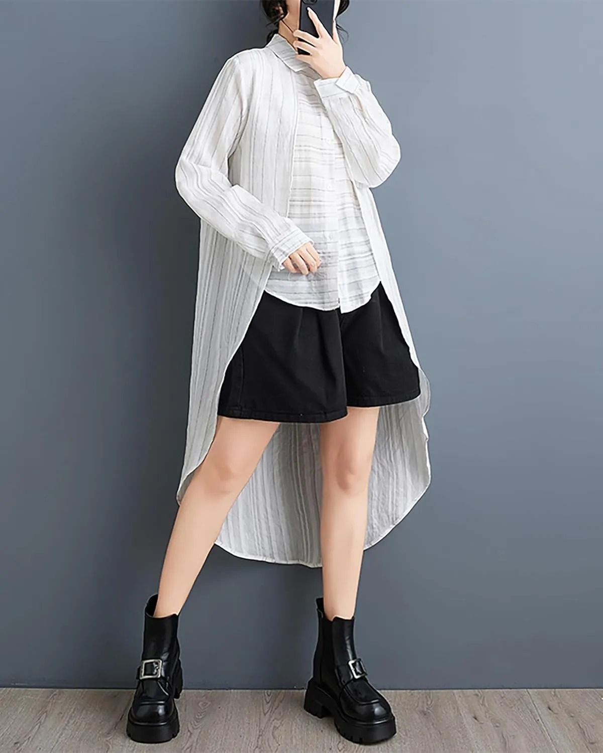 ellazhu Women's Shirt Lapel Flowy Asymmetrical Tops Strip Button Down Long Sleeve Casual GZ348
