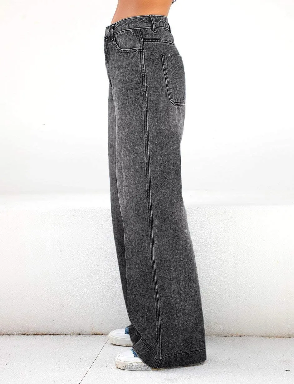 EMMIOL Women's Wide Leg Jeans Distress Adjustable Waist Denim Pants Vintage Y2K Trousers