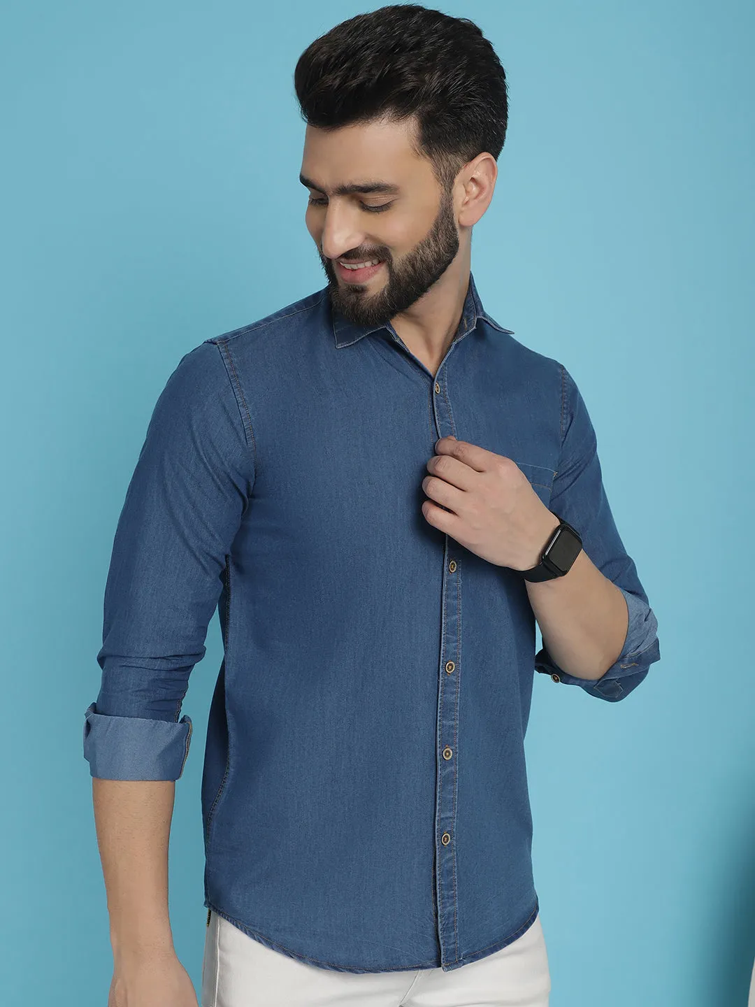 Faded Cotton Denim Casual Shirt For Men