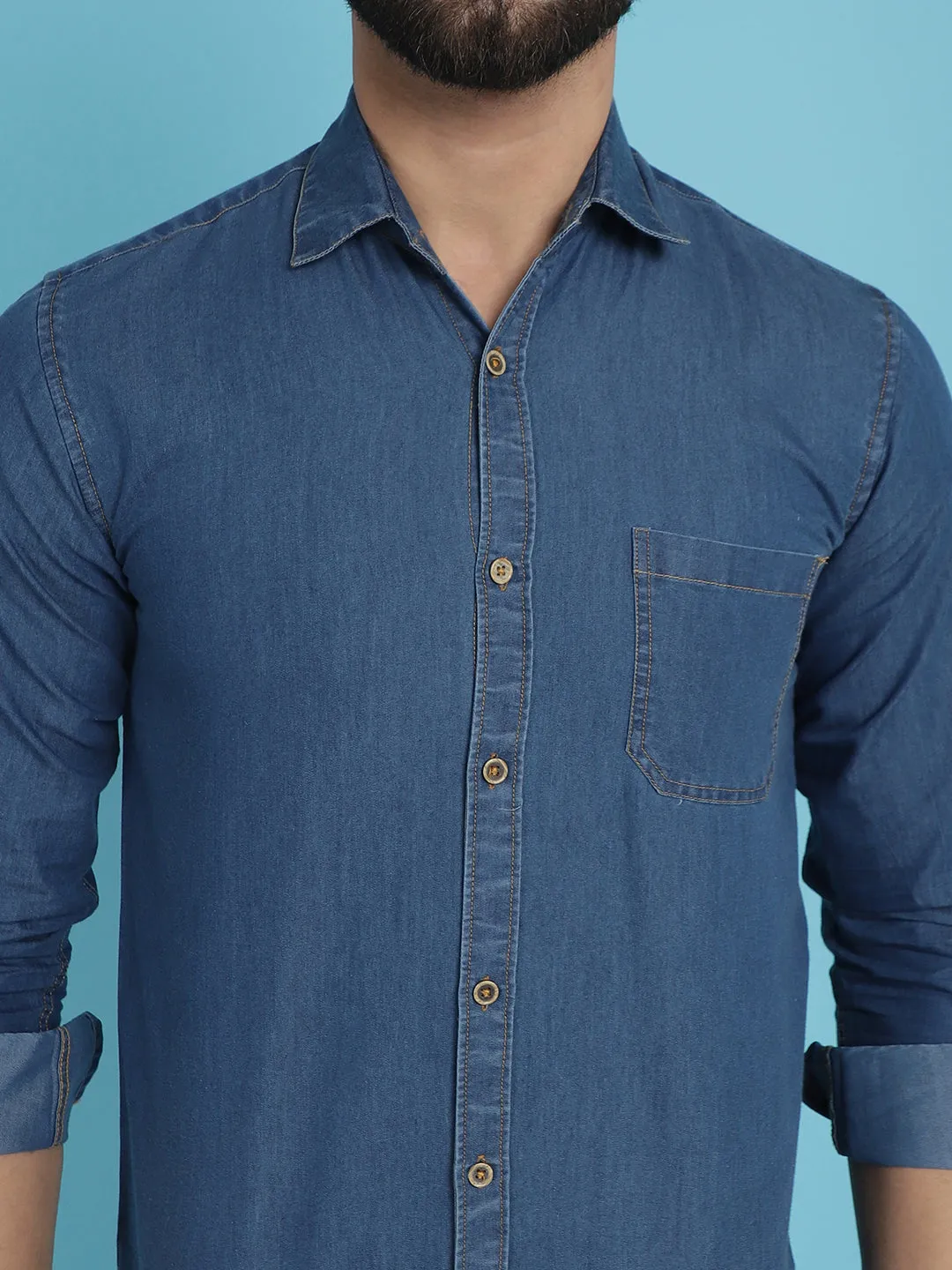 Faded Cotton Denim Casual Shirt For Men