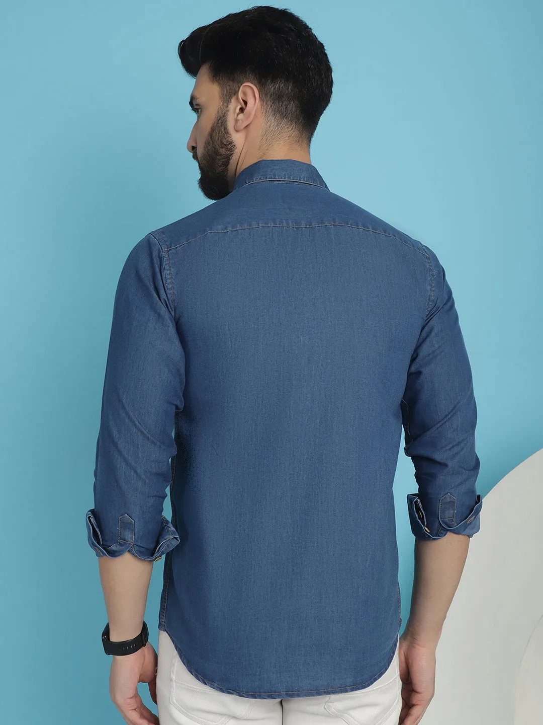 Faded Cotton Denim Casual Shirt For Men