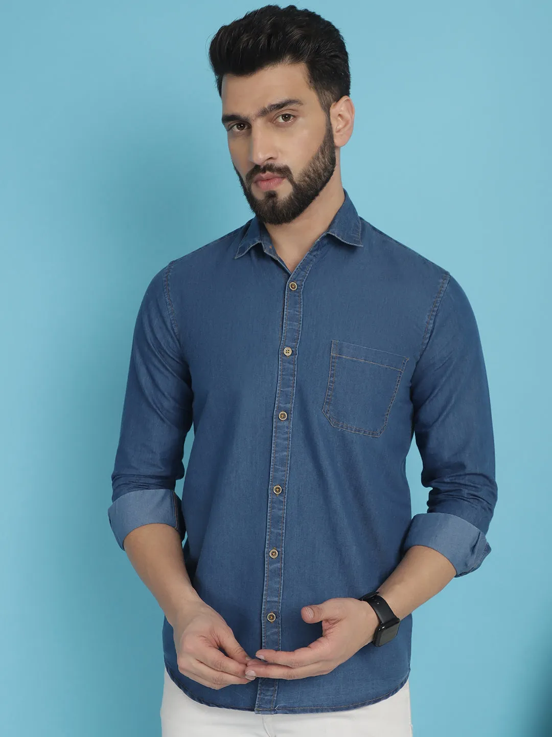 Faded Cotton Denim Casual Shirt For Men