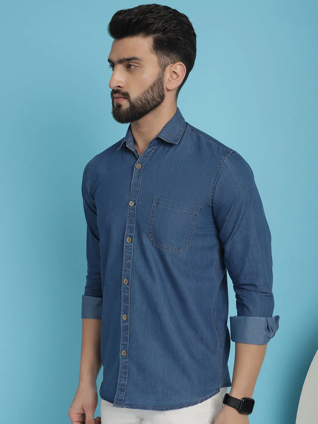 Faded Cotton Denim Casual Shirt For Men