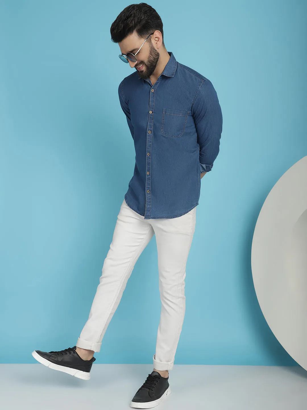 Faded Cotton Denim Casual Shirt For Men