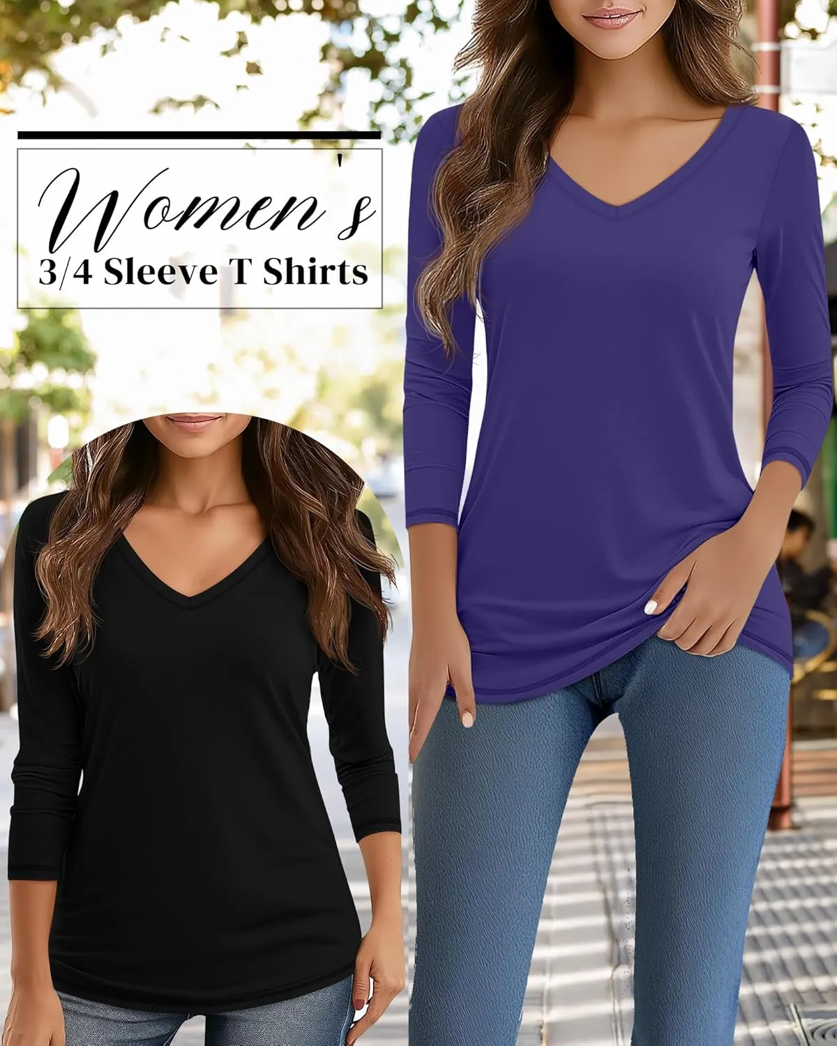 Ficerd 3 Pack Women's 3/4 Sleeve T Shirts, V Neck Cotton Shirts Casual Loose Fit Basic Tunic Tops Solid Summer Trendy Tees