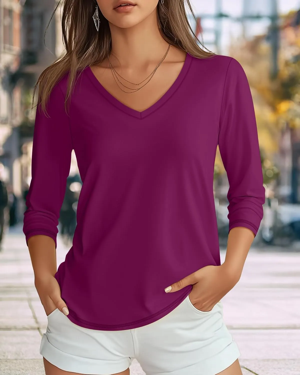 Ficerd 3 Pack Women's 3/4 Sleeve T Shirts, V Neck Cotton Shirts Casual Loose Fit Basic Tunic Tops Solid Summer Trendy Tees