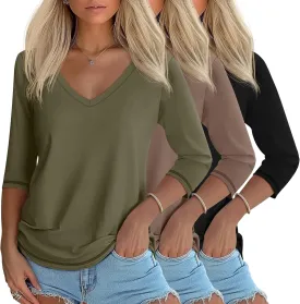Ficerd 3 Pack Women's 3/4 Sleeve T Shirts, V Neck Cotton Shirts Casual Loose Fit Basic Tunic Tops Solid Summer Trendy Tees