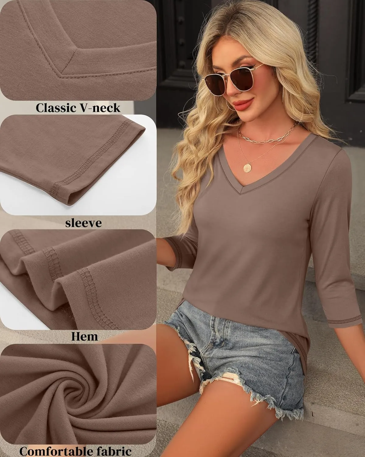Ficerd 3 Pack Women's 3/4 Sleeve T Shirts, V Neck Cotton Shirts Casual Loose Fit Basic Tunic Tops Solid Summer Trendy Tees