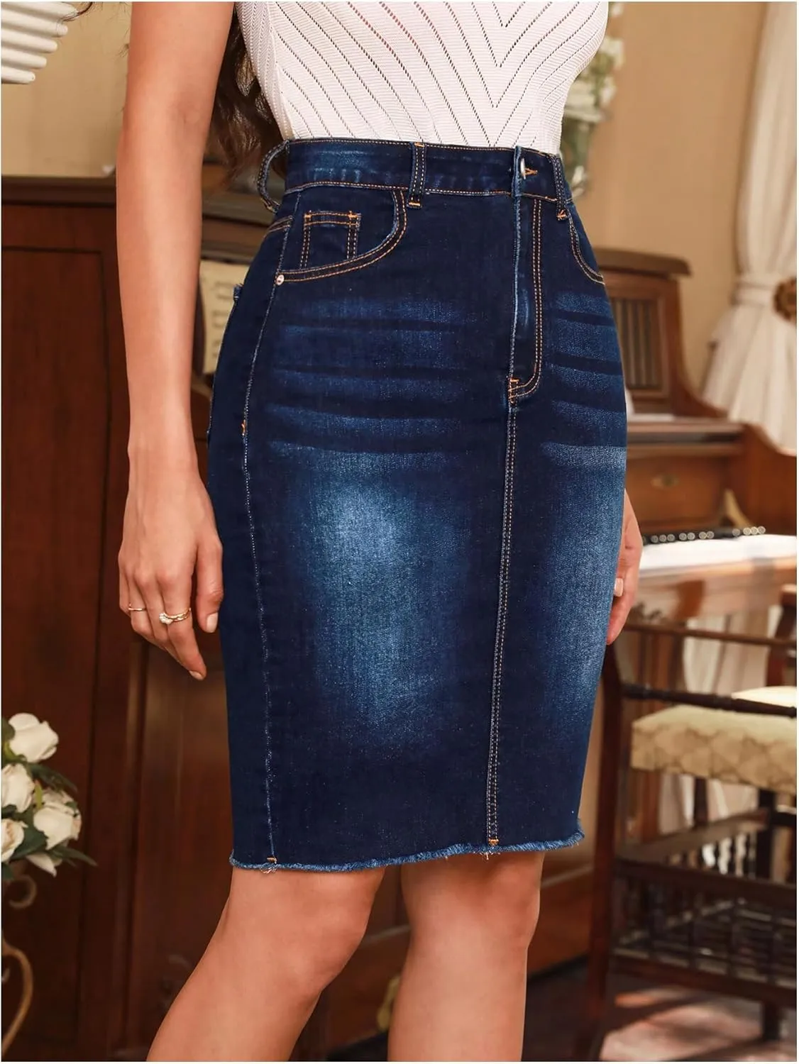 Floerns Women's Casual High Waist Raw Hem Bodycon Pencil Denim Skirt