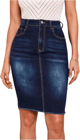 Floerns Women's Casual High Waist Raw Hem Bodycon Pencil Denim Skirt