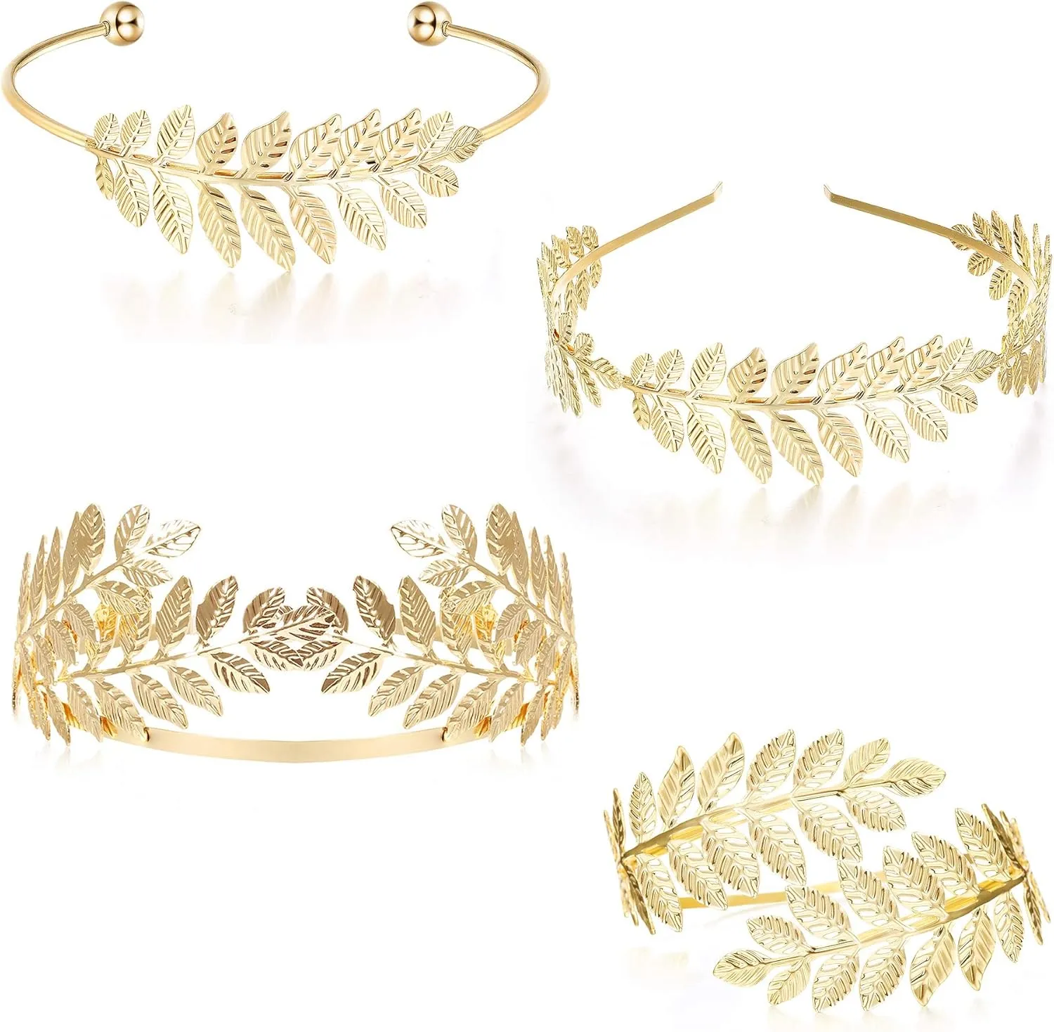 FUNRUN JEWELRY 4PCS Greek Goddess Headband Arm Cuff Bridal Jewelry Set Roman Laurel Leaf Branch Crown Armlet Upper Arm Band Bracelet for Women Party