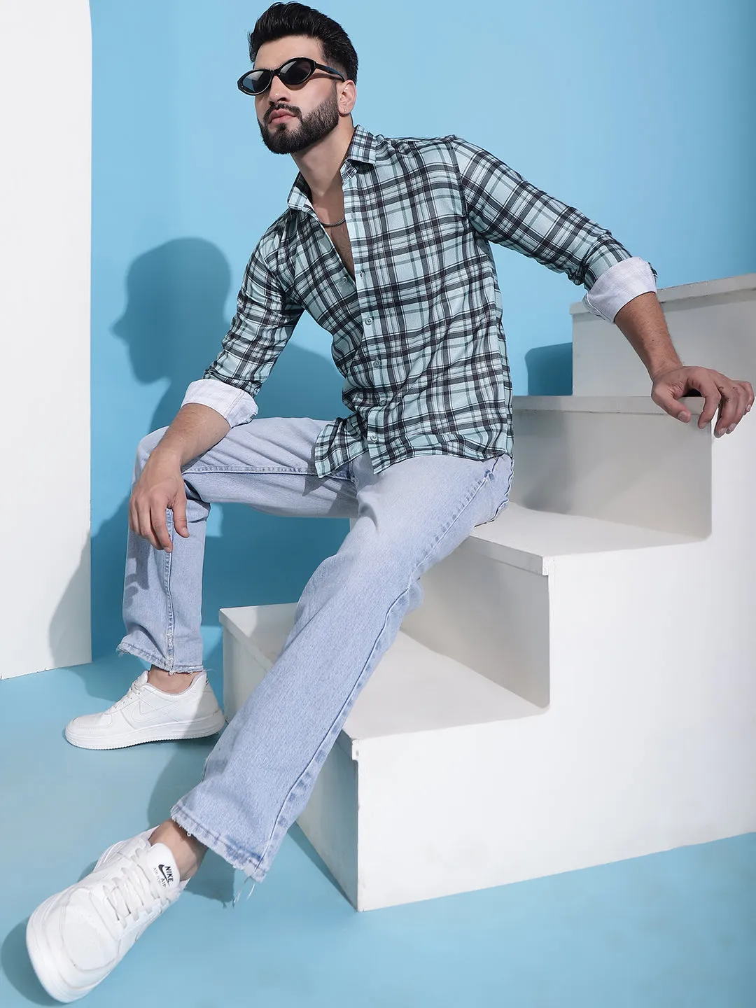 Green Checked Cotton Casual Shirt For Men